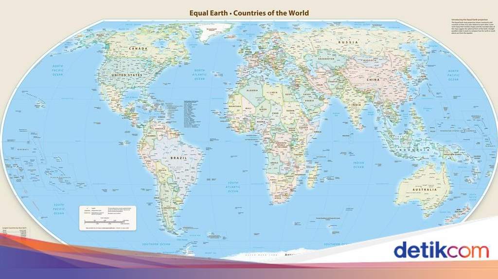 Ilustrasi perbandingan peta dunia Mercator dan proyeksi Equal Earth