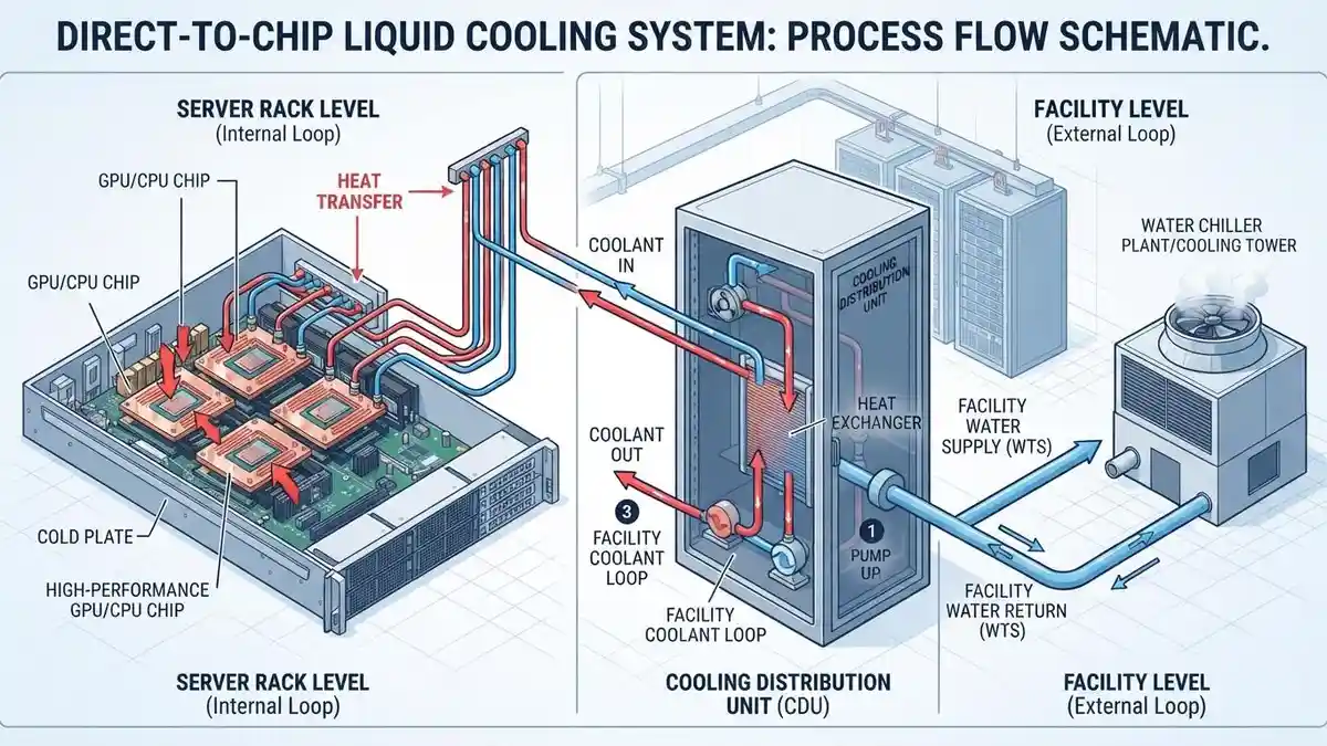 Ilustrasi server AI dan sistem pendingin Direct-to-Chip di data center modern