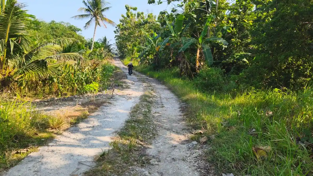 Kondisi jalan rusak parah di depan Kantor Desa Pasirgeulis Pangandaran