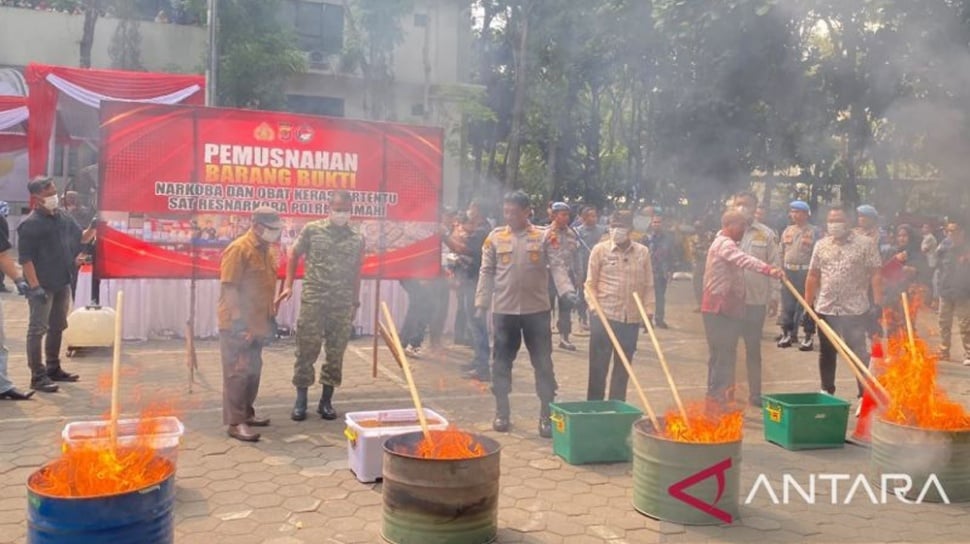 Pemusnahan 150 kilogram tembakau sintetis oleh Polres Cimahi